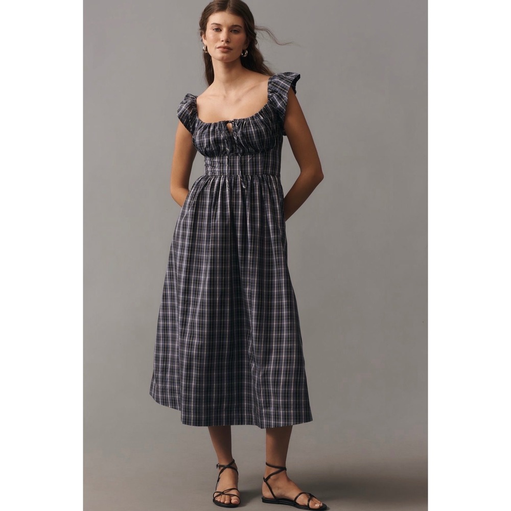 Anthropologie Plaid Ruffle Sleeve Smocked Midi Dress Blue White Size M NWT